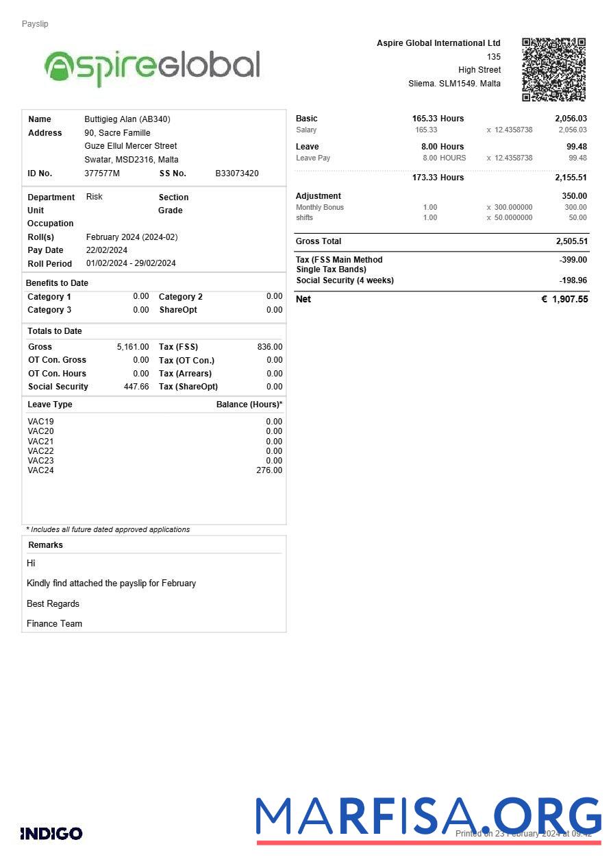 Realistic Aspire Global International payslip sample